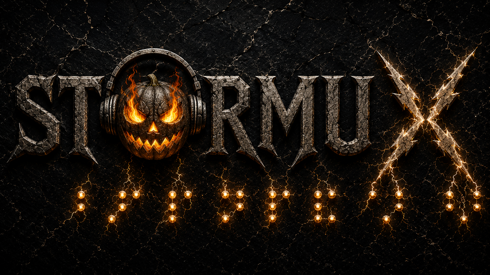 Stormux logo: Carved from weathered black marble, bold gothic letters spell "Stormux," except the O is a carved jack-o-lantern wearing headphones. Bright orange flames flicker through its eyes and nose, giving it a fierce expression. The X is formed from two metallic lightning bolts surrounded by electrical arcs. As the lightning bolts descend, they break apart into sparks that become glowing Grade 2 Braille spelling "Stormux."